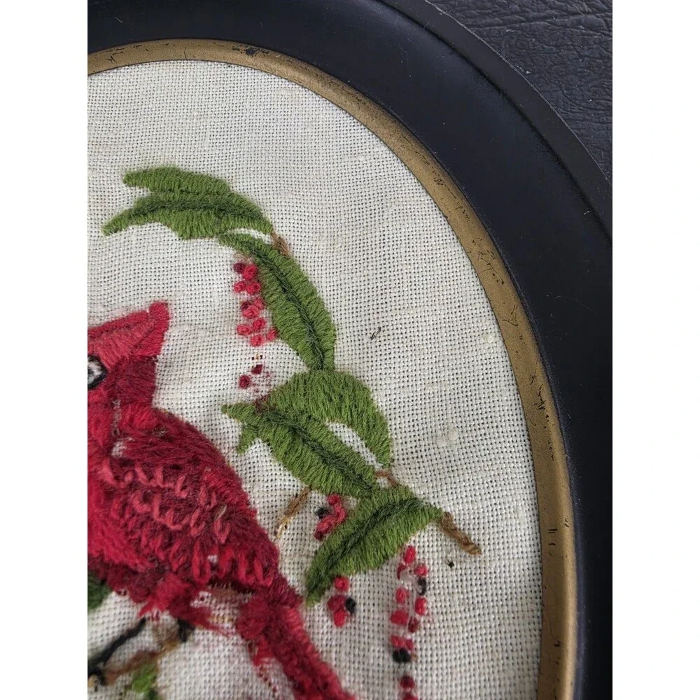 Vintage Red Cardinal Bird Mid Century Embroidery Handmade Hand Stitched Wall Art